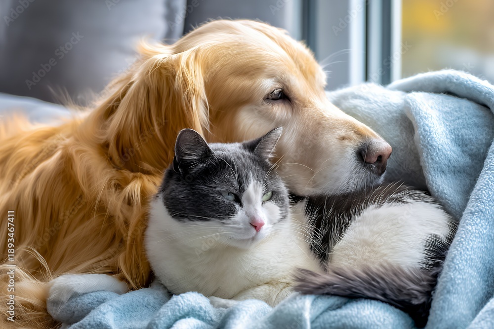 Obraz premium Golden retriever and gray cat cuddling on cozy blanket by sunny window
