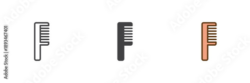Barber comb icon set in line, solid and filled outline colorful style. Comb icon vector sign and symbol for hair care, grooming, barber services.
