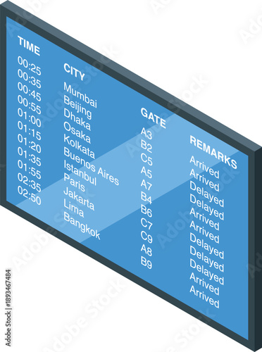 Airport timetable display showing arriving and departing flights, gates, and real time status updates