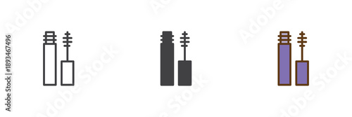 Mascara with applicator brush icon set in line, solid and filled outline colorful style. Mascara icon vector sign and symbol for eye makeup beauty.