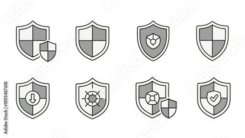 Shield icons with various symbols.