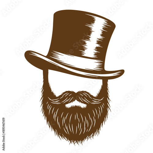 Vintage Grunge texture Brown illustration of a man with a beard and mustache wearing a top hat isolated on white background