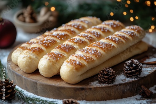Loaf of bread on wooden board.