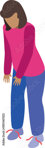 Isometric view of a young woman leaning forward, hands resting on her knees, in a contemplative or exhausted pose
