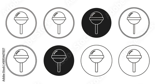 Eight lollipop icons in circles, some black and white, representing sweets and treats.