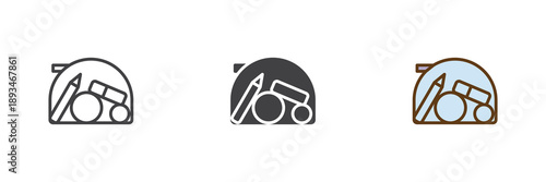 Cosmetic bag icon set in line, solid and filled outline colorful style. Beauty bag icon vector sign and symbol for makeup storage and travel icon needs.