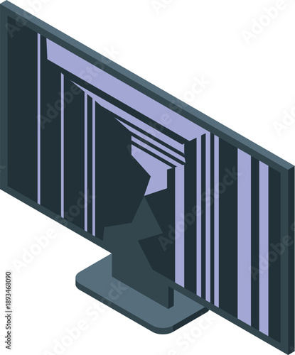 Broken computer screen with abstract geometric shapes coming out of it, isometric view