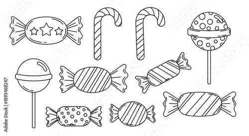 Black and white illustration of various candies, including lollipops and wrapped sweets.