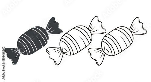 Three wrapped candies, each with a twisted end, presented in a row, with one shaded.