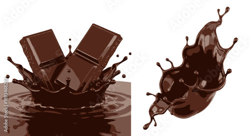 Close-up shot of chocolate bars breaking apart and splashing into liquid chocolate, creating a dynamic visual.