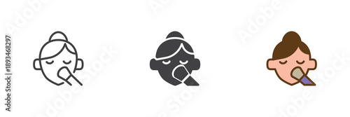 Woman doing makeup icon set with line, solid and filled outline colorful style. Woman icon vector sign and symbol for beauty routine and cosmetic icon themes.