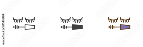 Eyelashes mascara icon set in line, solid and filled outline colorful style. Mascara icon vector sign and symbol for eye makeup and beauty icon sets.
