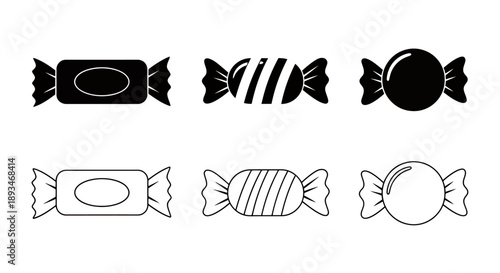 Black and white illustration of various wrapped candies, sweets, and treats.