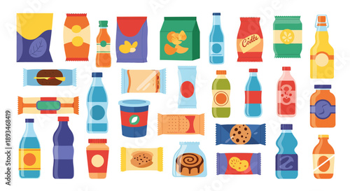 A vibrant collection of various packaged snacks and beverages, arranged in rows.