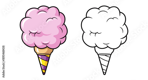 A colorful illustration of cotton candy on a cone, with a black and white outline version.
