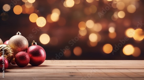 Christmas ornaments on a wood table