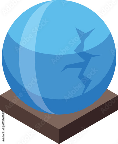 Blue sphere with a crack resting on a wooden base, representing broken predictions, failed plans, or unexpected outcomes