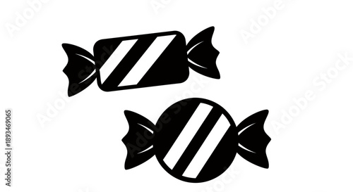Two wrapped candies, one rectangular and one circular, depicted in black and white.