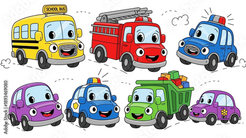 Cartoon Vehicles with Happy Faces.