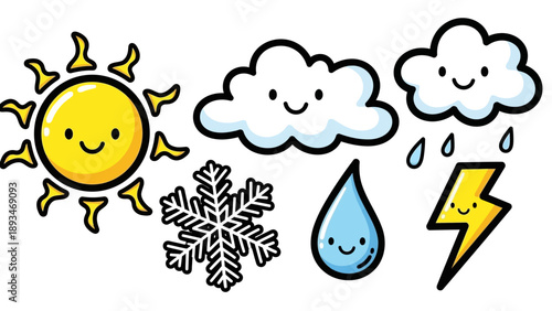 Weather Symbols Cartoon Characters Smiling.