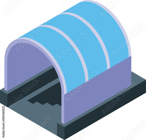 Isometric underground station entrance with blue roof and stairs leading down to the platform