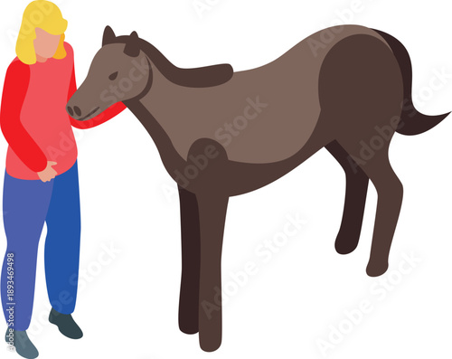 Female rancher caressing a horse in isometric view