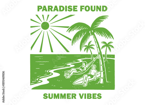 Summer good vibes vector graphic design for poster. Happy holiday. Welcome to summer paradise design. Relaxing beach lifestyle artwork. Palm tree sket