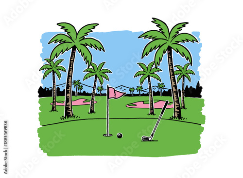 Tropical golf course resort artwork. Summer vacation sports design. Palm trees golf club illustration. Vintage resort graphic print. Hole in one parad