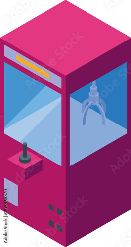 Claw crane arcade game machine with joystick and buttons is waiting for someone to try grabbing a prize