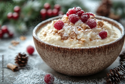 A bowl of oat topped with cranberries and nuts.