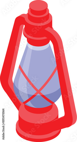 Red kerosene lamp provides light in dark environment, vintage illumination equipment in isometric view