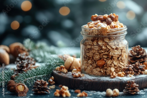 Jar of granola with nuts and cinnamon.