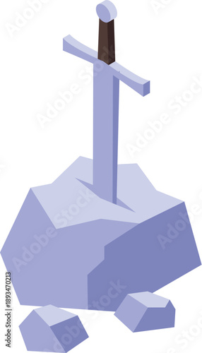 Isometric view of a legendary sword stuck in a stone, symbolizing challenge, leadership, and destiny