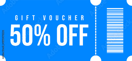 Vibrant blue gift voucher with 50 off discount a flat design vector illustration featuring a barcode ideal for marketing promotions