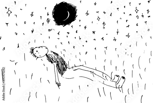 Silent tears in the night sky: expressive line drawing of a person crying under the moon and stars (Hogara)