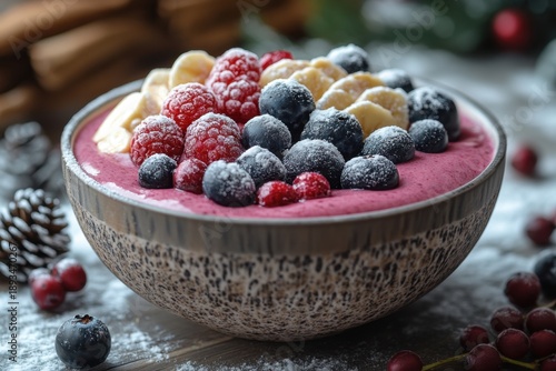 Bowl of fruit and berries sprinkled with powder.
