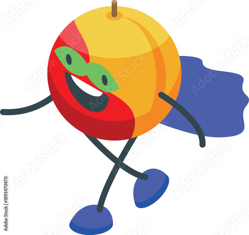 Cartoon superhero fruit walking and smiling, promoting a healthy lifestyle