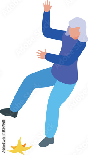 Senior woman losing balance on a banana peel, illustrating the concepts of accident, injury, and danger for elderly people