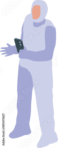 Scientist wearing a protective suit using smartphone, conducting research and analyzing data in a controlled environment