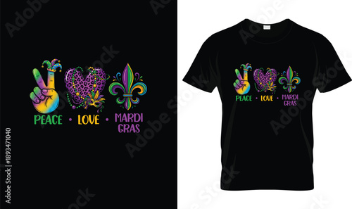 Peace Love Mardi Gras Colorful Carnival Symbols with Hand Gesture Heart and Fleur de Lis Fun Typography Design on Black Background for Festival Apparel