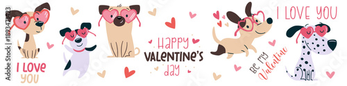 A collection of flat vector illustrations in a simple children's style. Cute dogs of different breeds wearing heart-shaped sunglasses. Cute illustrations for Valentine's Day. Vector illustration