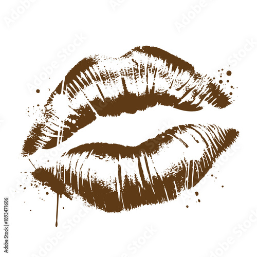 Vintage Grunge texture Brown lipstick kiss mark with paint splatters on white background