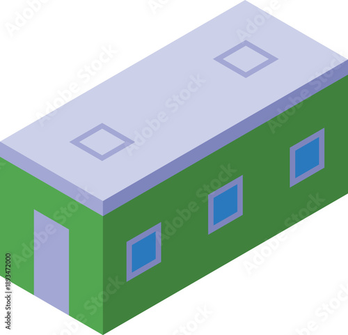 Green prefabricated modular building with windows and doors, providing a cost effective and sustainable construction solution