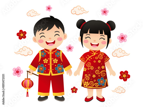 Cute Chinese Children in Traditional Outfit with Lantern, Chinese New Year Vector Illustration