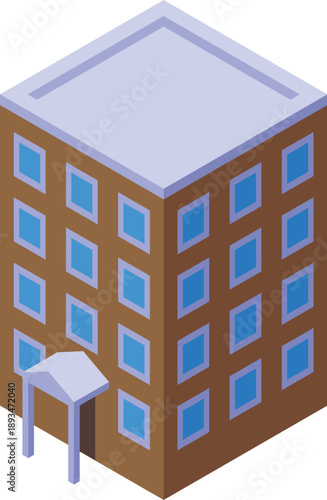 Brown multi storey building featuring multiple windows and a canopy entrance, presented in isometric projection