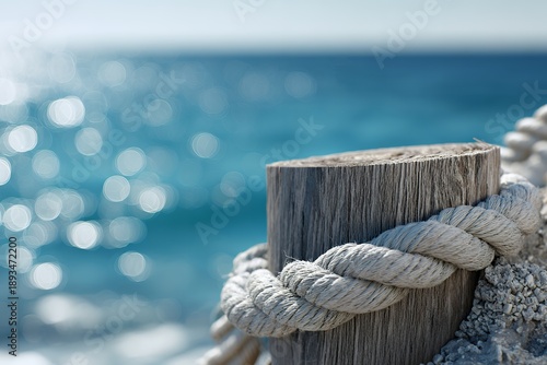 Close-up of nautical rope and post with sparkling ocean background