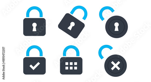 Collection of security icons including padlocks, keys, and authentication symbols in a premium file format
