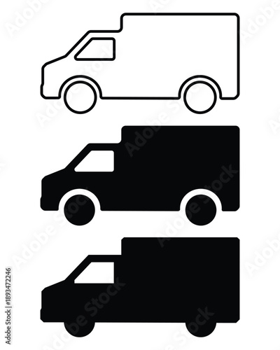 Delivery van icon set with three graphic styles for branding and interface design