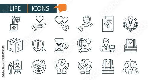 Collection of simple line icons representing various life themes and concepts, including health, technology, and relationships, presented in a grid layout, viewed from directly above