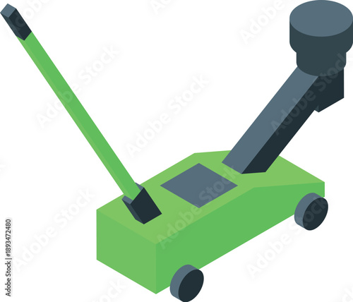 Green hydraulic trolley jack lifting equipment with long handle for car repairing in isometric view